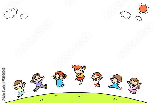 子供　ジャンプ　外　楽しい　コピースペース