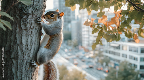 A squirrel climbing a tree in a small city park with concrete buildings and city traffic visible in the distance