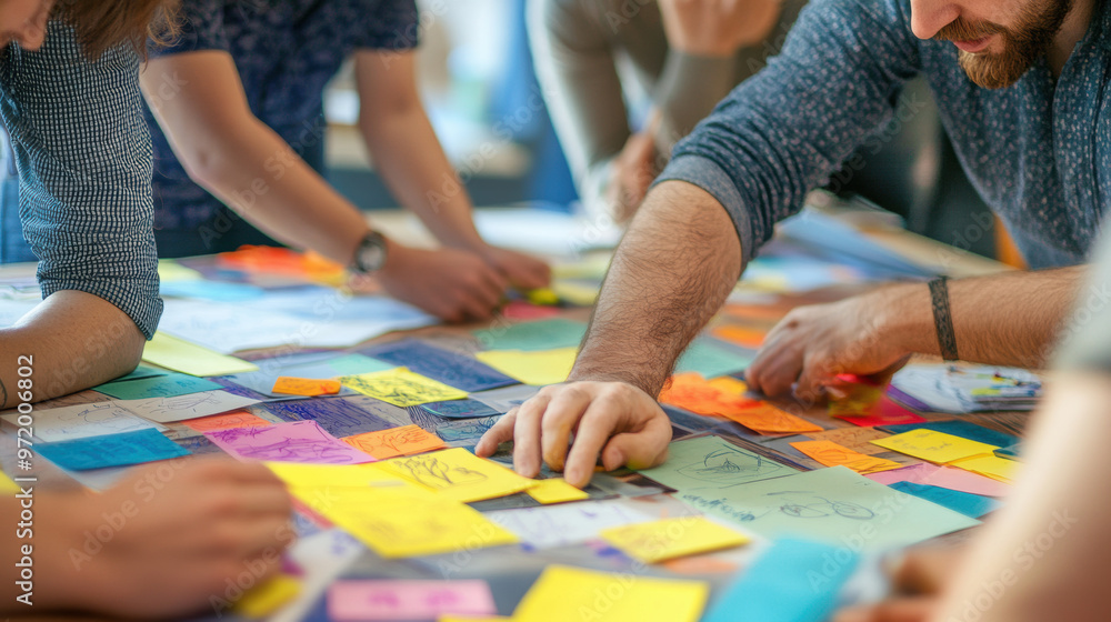 Fototapeta premium Collaborative brainstorming session with group of people gathered around table covered in colorful sticky notes. Ideas are being shared and developed in creative environment
