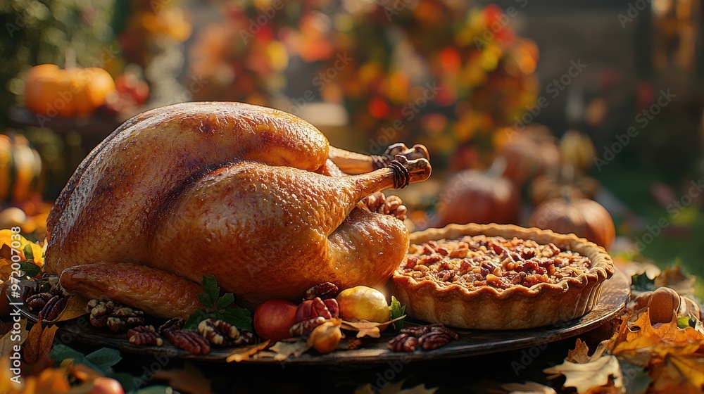 Thanksgiving feast featuring a roasted turkey and pecan pie, surrounded by autumn leaves and pumpkins in a festive outdoor setting. Thanksgiving feast featuring a roasted turkey and pecan pie, surrounded by autumn leaves and pumpkins in a festive outdoor setting.