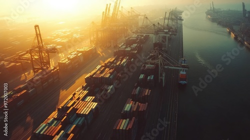 An aerial view of a busy container port at sunrise, with numerous cranes and cargo ships. photo