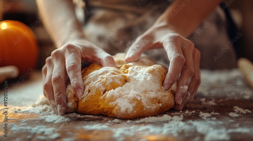 Hands kneading dough on a wooden surface with flour spread around, capturing the art of baking in a cozy kitchen setting. Hands kneading dough on a wooden surface with flour spread around, capturing the art of baking in a cozy kitchen setting.