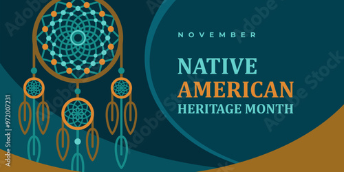 Native american heritage month greeting. Vector banner, poster, card, content for social media with text Native american heritage month, november. Black background with dream catcher tribal pattern.