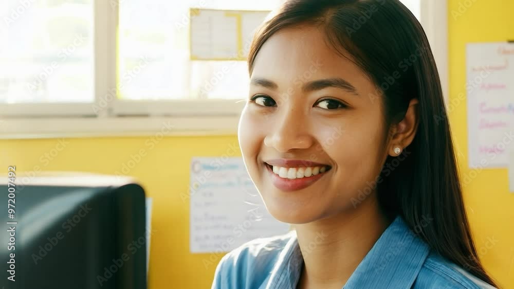 Smiling young woman in a classroom with a yellow wall background. Education and learning environment concept Smiling young woman in a classroom with a yellow wall background. Education and learning environment concept