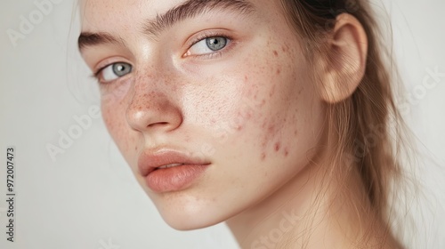 Close-up view of a young adult's face with acne blemishes, highlighting common skin concerns such as pimples, blackheads, and inflammation. Focus on the different stages of acne and its impact on skin