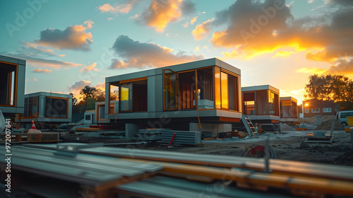 A row of small houses are being built in a construction site generative AI photo