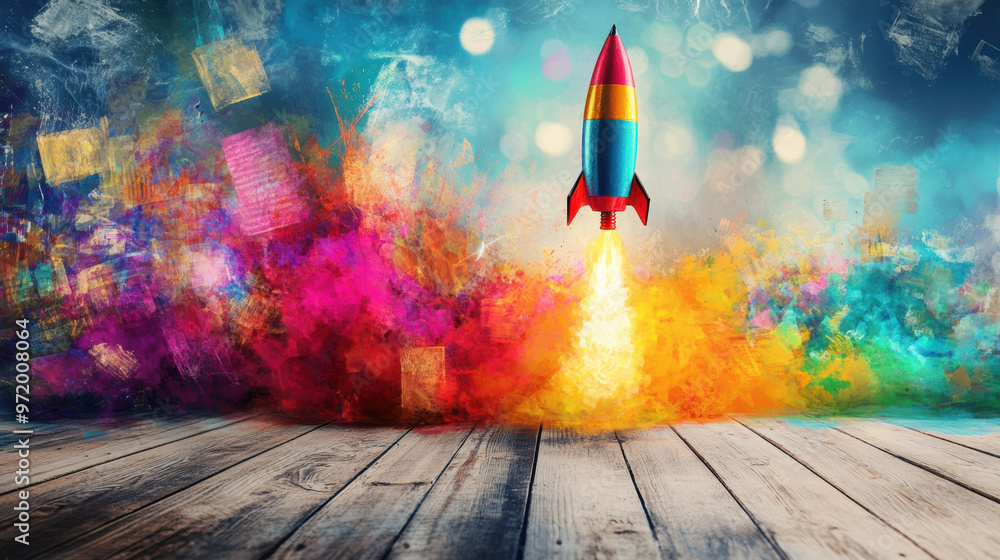 Colorful rocket launching amidst vibrant swirling ideas, creating ...