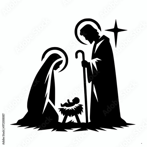 Nativity silhouette of birth of jesus with mary and joseph vector illustration