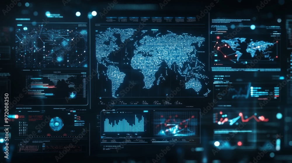 Obraz premium A high-tech news dashboard with global maps, graphs, and trending news stories highlighted