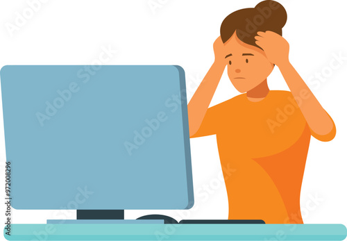 Young female office worker is having a stressful day at work, struggling to concentrate and feeling overwhelmed