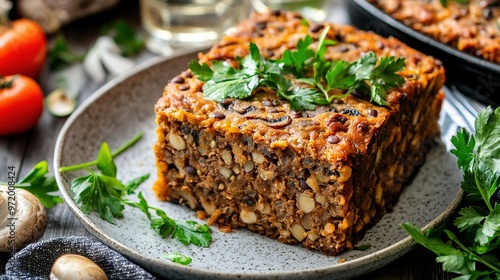 Plate of Mushroom and Lentil Loaf, Showcasing a Delicious, Hearty Vegan Dish. The Loaf is Sliced and Presented Neatly, Garnished with Fresh Herbs, and Served with a Side of Vegetables for a Wholesome 