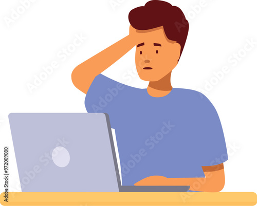 Young man is feeling stressed while working on his laptop, illustrating the challenges of remote work and the importance of work life balance