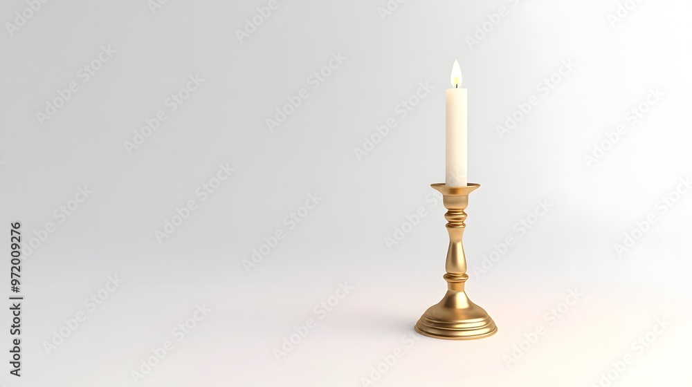 Naklejka premium 83. A detailed 3D render of a traditional brass candlestick with a lit candle, isolated on a pristine white background