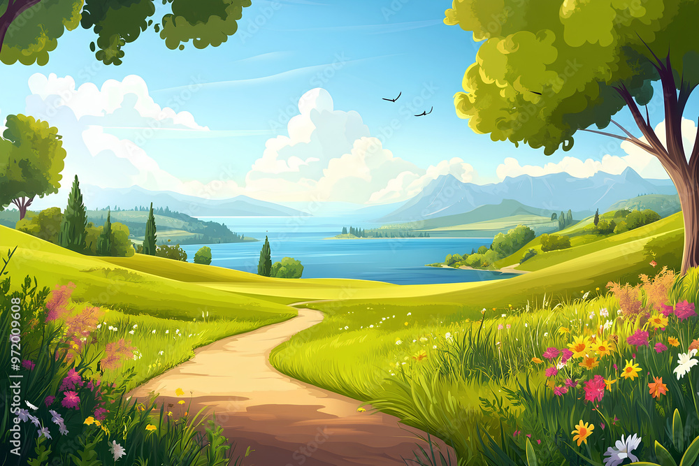 Fototapeta premium A serene landscape featuring a winding path, lush greenery, and a tranquil lake.