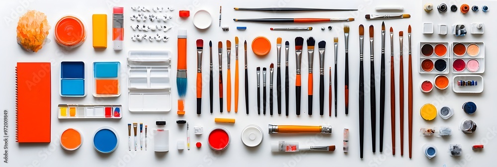 Creative Flat lay of Art Supplies on White Background