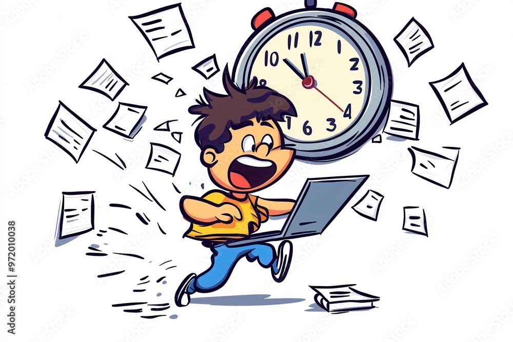 Cartoon Rushing Man with Laptop and Clock Cartoon Rushing Man with Laptop and Clock