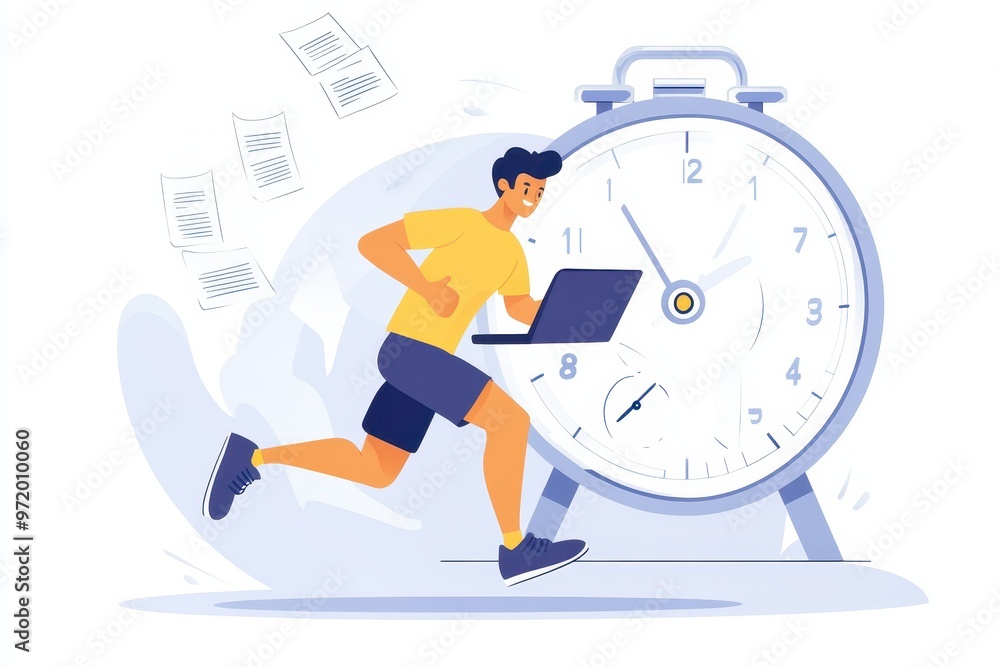 Man Rushing with Laptop and Stopwatch Man Rushing with Laptop and Stopwatch