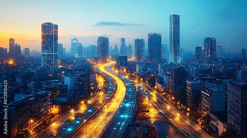 A bird’s-eye view of a modern metropolis at night, with glowing digital pathways connecting smart transportation systems and towering skyscrapers. A bird’s-eye view of a modern metropolis at night, with glowing digital pathways connecting smart transportation systems and towering skyscrapers.