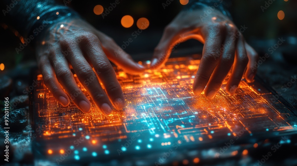 Hands interacting with a glowing digital interface in a futuristic setting, depicting advanced technology and innovation. Hands interacting with a glowing digital interface in a futuristic setting, depicting advanced technology and innovation.