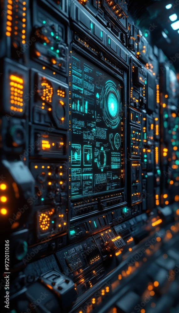 Fototapeta premium Futuristic control panel with glowing screens and buttons. High-tech interface in a dimly lit room. Advanced technology concept.