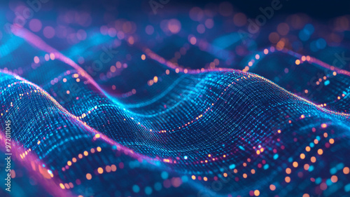 Abstract illustration of flowing waves with vibrant lights in a digital concept environment