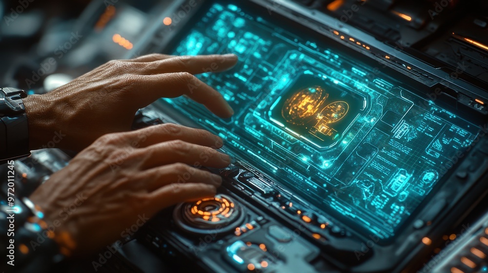 Fototapeta premium Hands operating futuristic touchscreen interface with holographic display, advanced technology in sci-fi setting, innovative human-machine interaction.