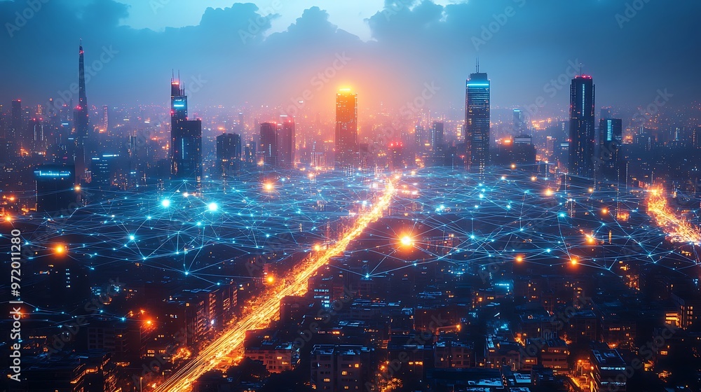 Fototapeta premium A dense metropolis seen from above, illuminated by glowing digital networks connecting smart homes, buildings, and roads. The vibrant neon pathways pulse with data,