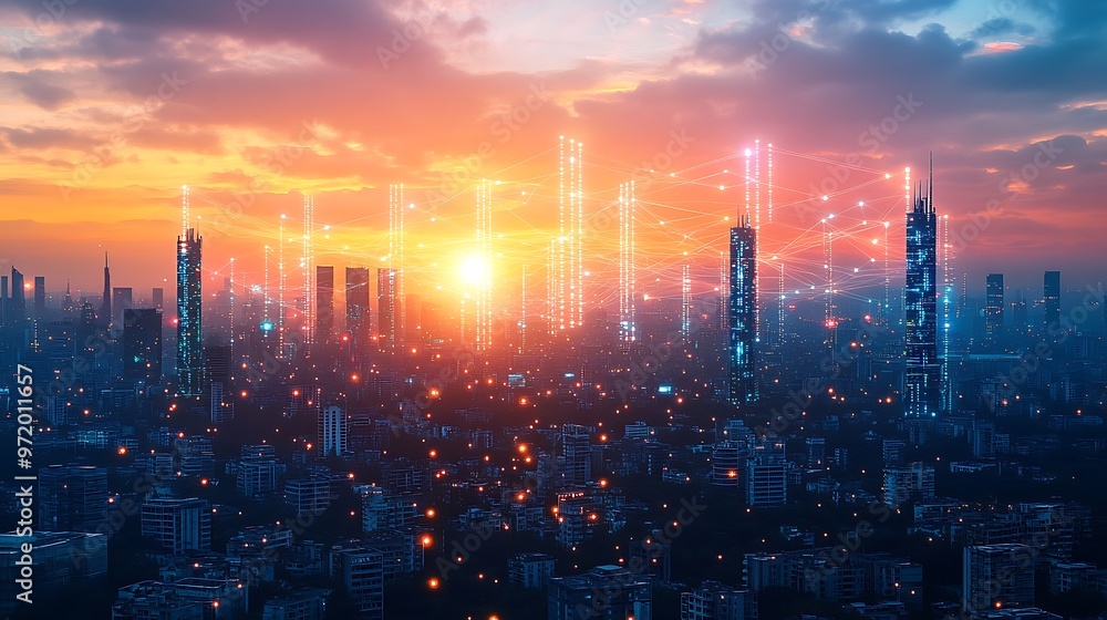Obraz premium A digital skyline at dusk, with glowing neon lines representing data streams connecting wireless towers and smart homes across the city. The sunset bathes the scene in warm pink and orange hues,