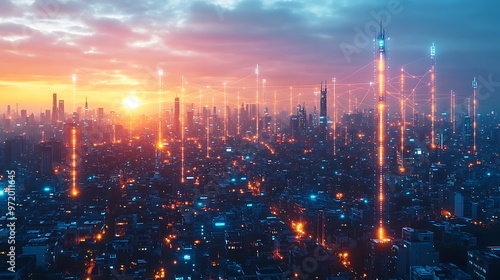 Wallpaper Mural A digital skyline at dusk, with glowing neon lines representing data streams connecting wireless towers and smart homes across the city. The sunset bathes the scene in warm pink and orange hues, Torontodigital.ca