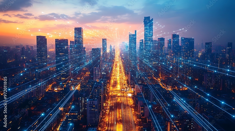 Fototapeta premium A drone’s perspective of a tech-driven city, where illuminated data cables and wireless signals crisscross between skyscrapers and roads.