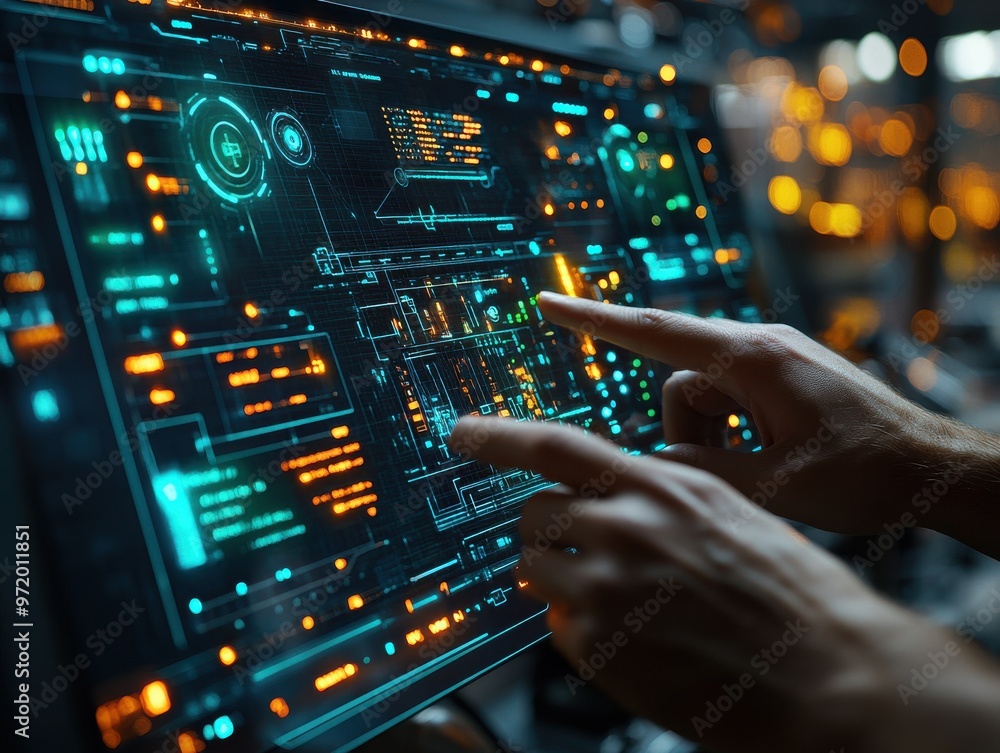 Hands interacting with futuristic digital interface on a touchscreen, showcasing modern technology and data analysis in a tech environment. Hands interacting with futuristic digital interface on a touchscreen, showcasing modern technology and data analysis in a tech environment.