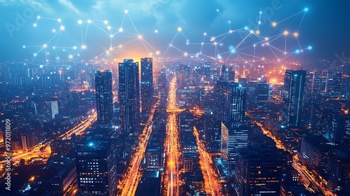 Wallpaper Mural A drone’s view of a high-tech city at night, where data cables and wireless signals crisscross between skyscrapers and roads. The vibrant neon network of communication lights up the urban landscape, Torontodigital.ca