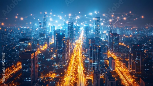 A drone’s view of a high-tech city at night, where data cables and wireless signals crisscross between skyscrapers and roads. The vibrant neon network of communication lights up the urban landscape,