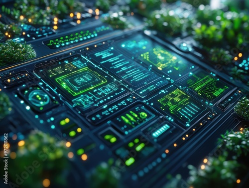 High-tech futuristic control panel with glowing green interface surrounded by lush greenery, blending technology with nature.