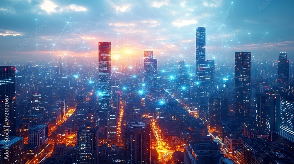 A dynamic city at night, where neon communication lines crisscross between sleek skyscrapers and public spaces, forming a web of digital energy. A dynamic city at night, where neon communication lines crisscross between sleek skyscrapers and public spaces, forming a web of digital energy.