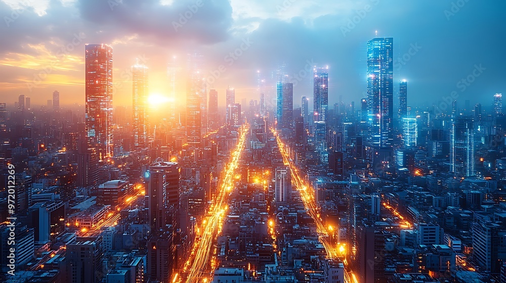 Fototapeta premium A dynamic, high-tech city glowing with pulsing light from communication hubs as data flows seamlessly through the network. The neon-lit streets and skyscrapers pulse with energy,