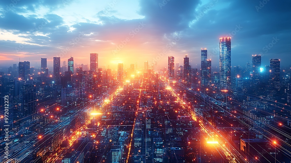 Fototapeta premium A dynamic, high-tech city glowing with pulsing light from communication hubs as data flows seamlessly through the network. The neon-lit streets and skyscrapers pulse with energy,