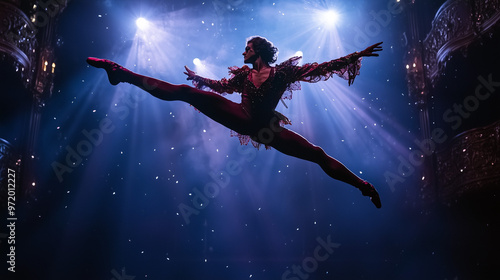 A professional dancer executing a mid-air leap on a grand stage photo