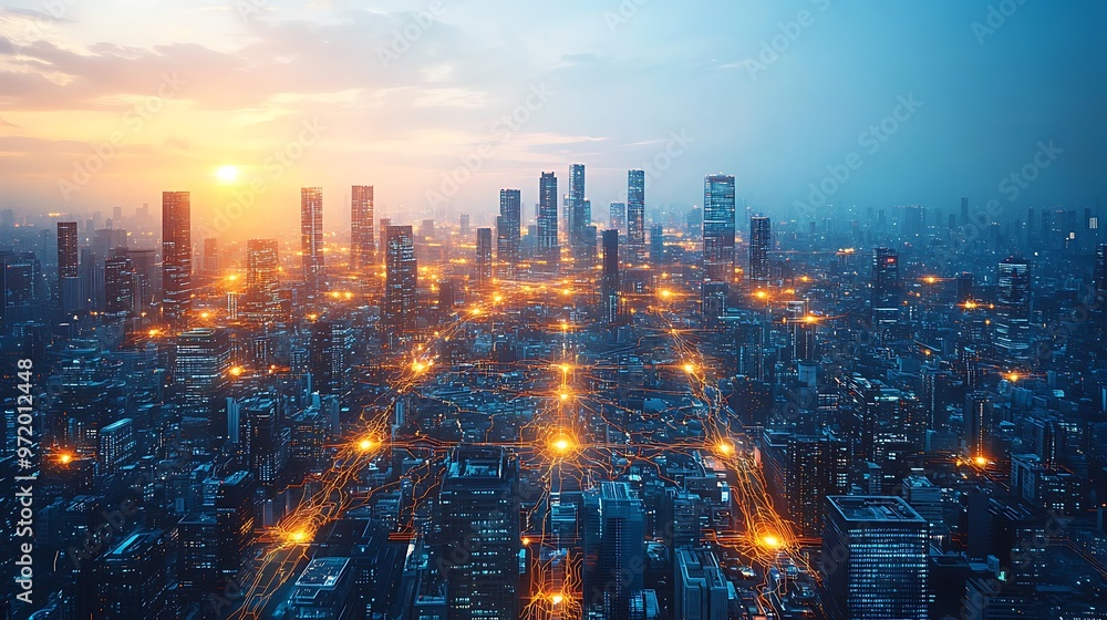 Obraz premium A futuristic AI-driven city seen from above, where glowing data circuits connect every building and road, forming a web of digital intelligence.