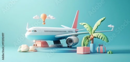 3D airplane showing highdefinition travel design, booking tickets online, realistic rendering, modern style, travel concept