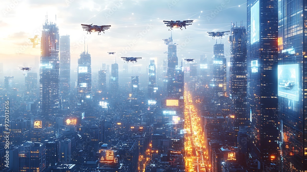 A futuristic city alive with floating drones, holographic advertisements, and glowing communication lines connecting skyscrapers. The neon-lit streets are buzzing with high-tech energy, A futuristic city alive with floating drones, holographic advertisements, and glowing communication lines connecting skyscrapers. The neon-lit streets are buzzing with high-tech energy,