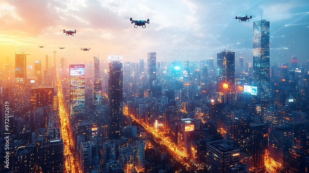 Fototapeta premium A futuristic city alive with floating drones, holographic advertisements, and glowing communication lines connecting skyscrapers. The neon-lit streets are buzzing with high-tech energy,