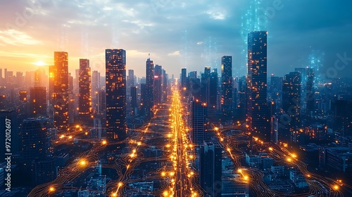 A futuristic AI-powered cityscape at dusk, with glowing data circuits interwoven between buildings and roads. The city hums with digital energy as artificial intelligence controls every system,