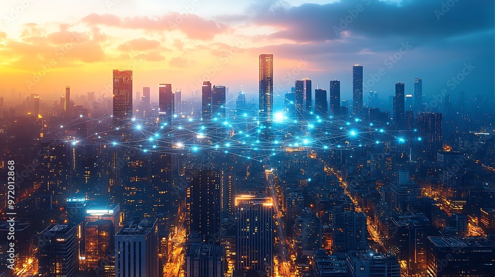 A futuristic city at twilight, illuminated by glowing communication lines that pulse with digital energy, connecting skyscrapers and transportation systems. A futuristic city at twilight, illuminated by glowing communication lines that pulse with digital energy, connecting skyscrapers and transportation systems.