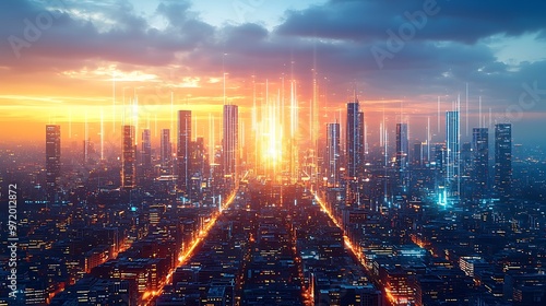 Wallpaper Mural A futuristic city at twilight, illuminated by pulsing neon lines that represent the constant flow of data and electricity. The skyline is alive with digital energy, Torontodigital.ca