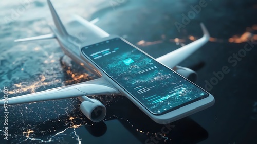 A smartphone with a data screen sits on top of a miniature airplane, symbolizing the integration of technology in travel.