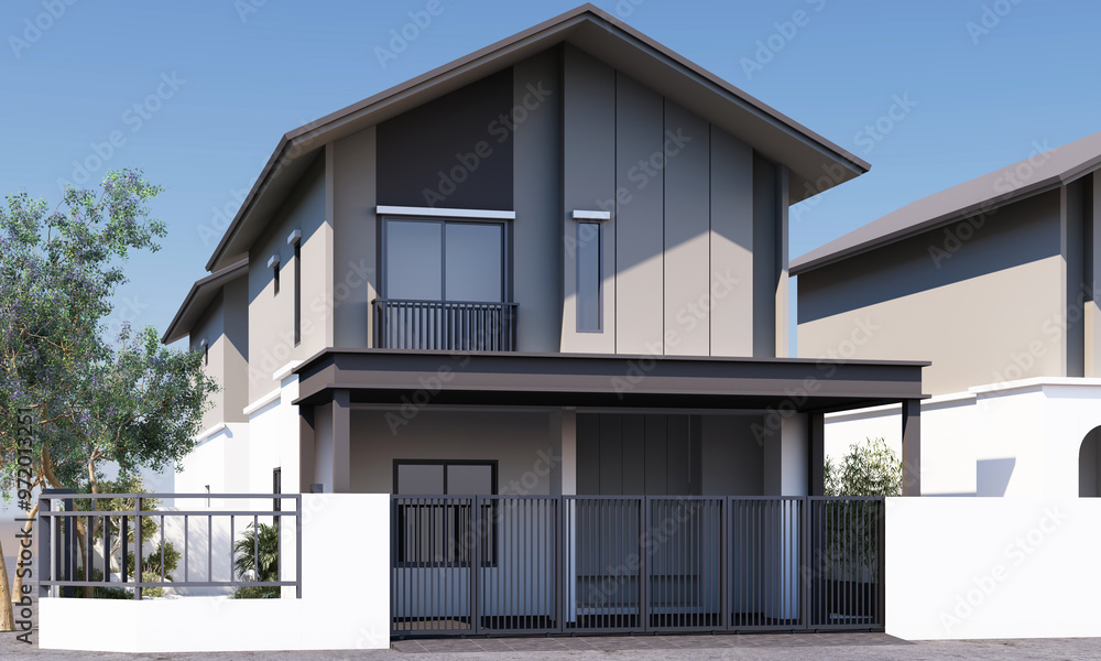 Trend Modern House, Tropical Inspired, in grey tone color with garden and tree in modern japanese style. 3D Rendering Trend Modern House, Tropical Inspired, in grey tone color with garden and tree in modern japanese style. 3D Rendering