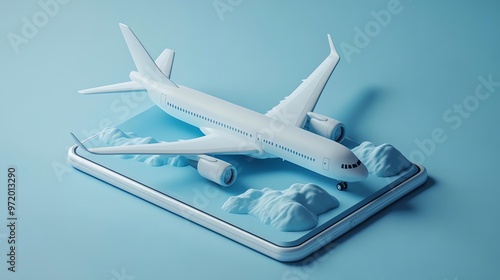 A white airplane model sits atop a smartphone, symbolizing online travel booking and planning.