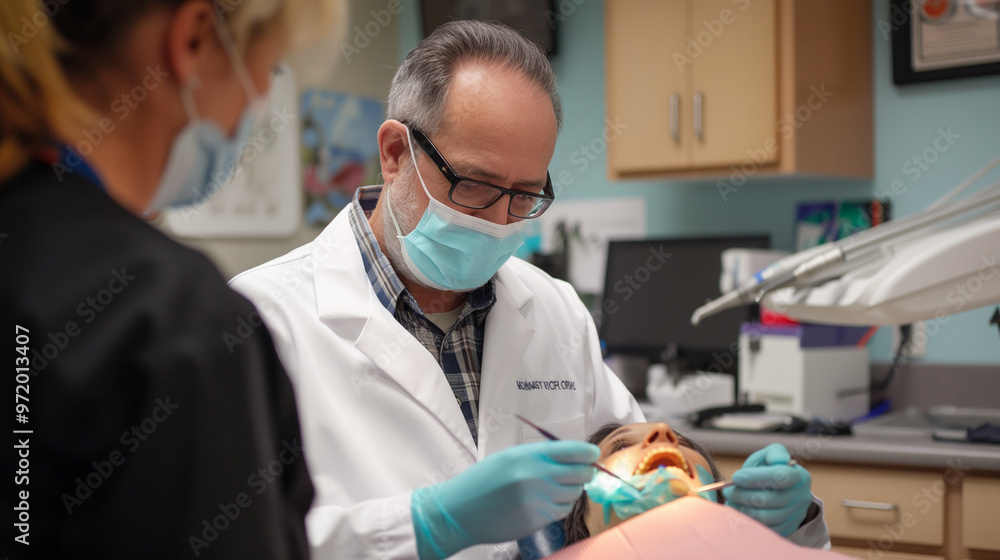 The dentist working with patient in the dental chair, compassionate, professional interaction The dentist working with patient in the dental chair, compassionate, professional interaction
