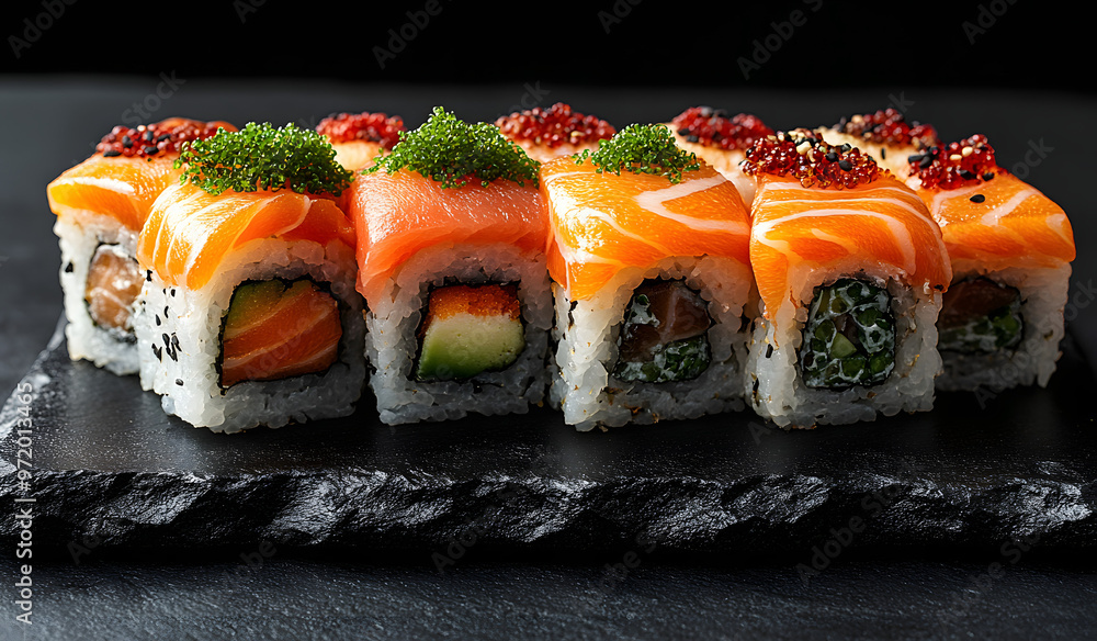 “Sushi Set with Colorful Sushi Rolls on a Dark Stone Plate, Showcasing a Variety of Fresh Ingredients”
“Sushi Set with Colorful Sushi Rolls on a Dark Stone Plate, Showcasing a Variety of Fresh Ingredients”